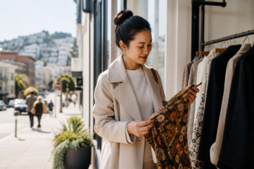 Boutique San Francisco local fashion shop with stylish clothing, accessories, and a shopper browsing unique finds