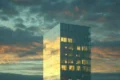 A modern glass skyscraper reflects a dramatic sunset with golden and orange hues against a cloudy sky, creating a serene and majestic atmosphere.