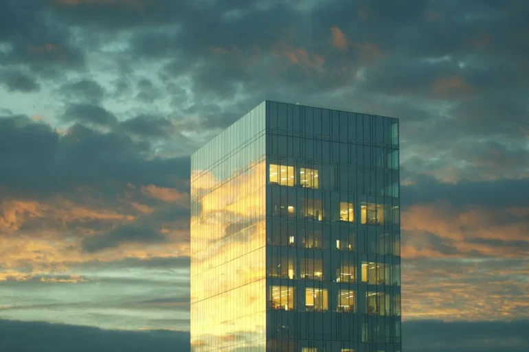 A modern glass skyscraper reflects a dramatic sunset with golden and orange hues against a cloudy sky, creating a serene and majestic atmosphere.
