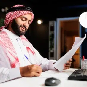 Man in traditional attire works at a desk, reviewing documents and jotting notes. A computer displaying charts is on, indicating a focused office setting.