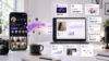 A smartphone and laptop display social media analytics and content creation tools. Vibrant, colorful graphics connect icons, showcasing growth and engagement.