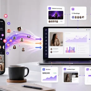 A smartphone and laptop display social media analytics and content creation tools. Vibrant, colorful graphics connect icons, showcasing growth and engagement.