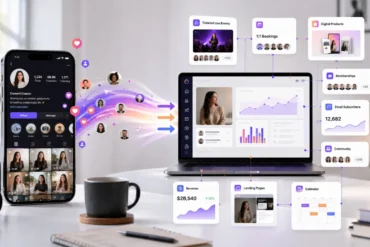 A smartphone and laptop display social media analytics and content creation tools. Vibrant, colorful graphics connect icons, showcasing growth and engagement.