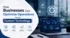 Graphic on optimizing business operations through custom technology. Features icons like gear and graph, a laptop displaying analytics, and keywords such as data-driven decisions, tailored solutions, and streamline processes.