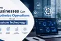 Graphic on optimizing business operations through custom technology. Features icons like gear and graph, a laptop displaying analytics, and keywords such as data-driven decisions, tailored solutions, and streamline processes.