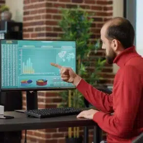 Man in red sweater sitting at desk, pointing at computer screen displaying charts and global stock statistics in a modern office.