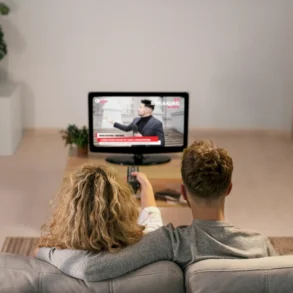 A couple sits on a couch, watching breaking news on a TV in a cozy living room. The tone is calm and focused, with a plant and shelves in view.