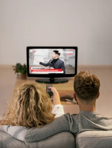A couple sits on a couch, watching breaking news on a TV in a cozy living room. The tone is calm and focused, with a plant and shelves in view.