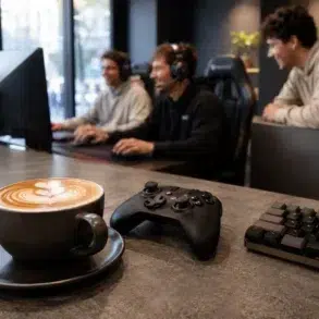 Cafeterías Gourmet Series Online Torneos de Esports gaming café with players competing in an online tournament
