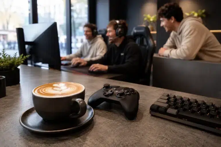 Cafeterías Gourmet Series Online Torneos de Esports gaming café with players competing in an online tournament