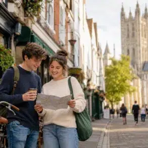 Two students stand on a charming historic street in Canterbury, smiling as they check a paper map, with bicycles, quaint shopfronts, and Canterbury Cathedral rising in the background.