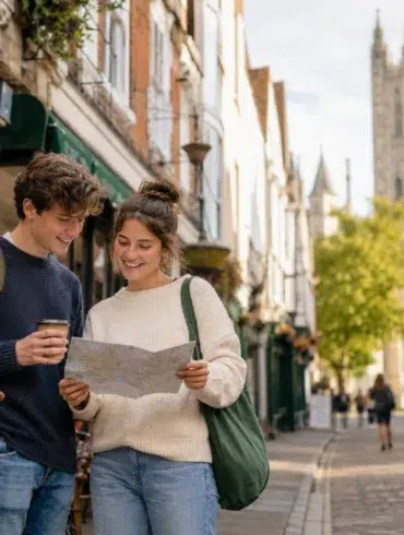 "Students smiling and walking in Canterbury's historic city center. Text reads: 'Canterbury on a Student Budget: Enjoy Historic City Without Overspending.' Includes icons for budget tips and attractions."