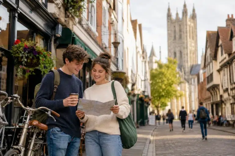 Two students stand on a charming historic street in Canterbury, smiling as they check a paper map, with bicycles, quaint shopfronts, and Canterbury Cathedral rising in the background.