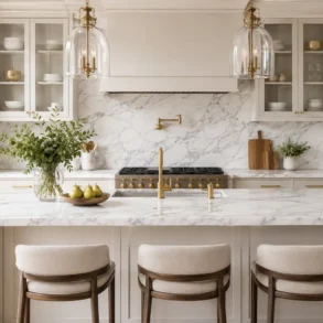 Spacious kitchen with marble countertops and island, featuring three cushioned stools, gold fixtures, pendant lights, and greenery, creating an elegant, airy feel.