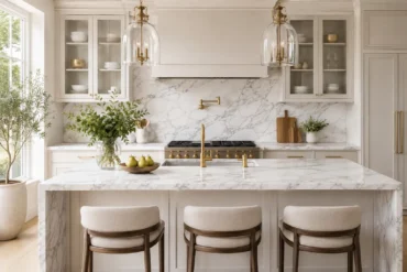 Spacious kitchen with marble countertops and island, featuring three cushioned stools, gold fixtures, pendant lights, and greenery, creating an elegant, airy feel.
