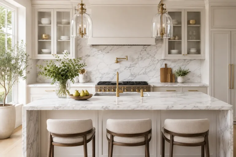 Spacious kitchen with marble countertops and island, featuring three cushioned stools, gold fixtures, pendant lights, and greenery, creating an elegant, airy feel.