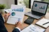 A financial professional reviews a detailed paper report and a laptop screen featuring charts and graphs, illustrating a thorough Cashflow Statement Analysis.