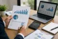 A financial professional reviews a detailed paper report and a laptop screen featuring charts and graphs, illustrating a thorough Cashflow Statement Analysis.