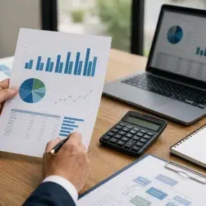 A financial professional reviews a detailed paper report and a laptop screen featuring charts and graphs, illustrating a thorough Cashflow Statement Analysis.