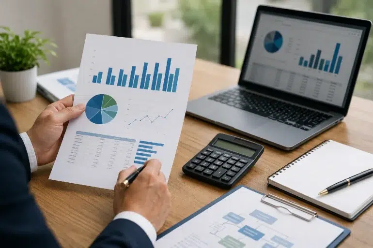 A financial professional reviews a detailed paper report and a laptop screen featuring charts and graphs, illustrating a thorough Cashflow Statement Analysis.