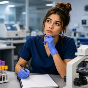 A woman in a lab coat and gloves sits in a laboratory, holding a pen and notebook, looking thoughtful. A microscope and test tubes are on the table.