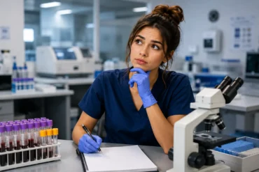 A woman in a lab coat and gloves sits in a laboratory, holding a pen and notebook, looking thoughtful. A microscope and test tubes are on the table.