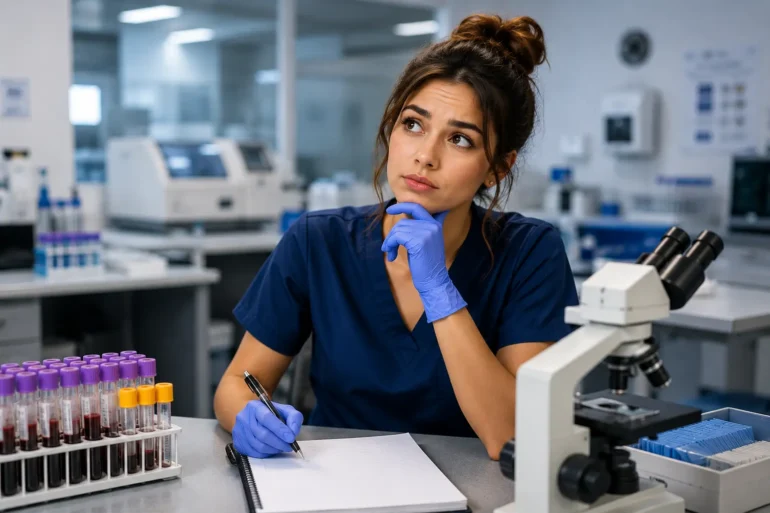 A woman in a lab coat and gloves sits in a laboratory, holding a pen and notebook, looking thoughtful. A microscope and test tubes are on the table.
