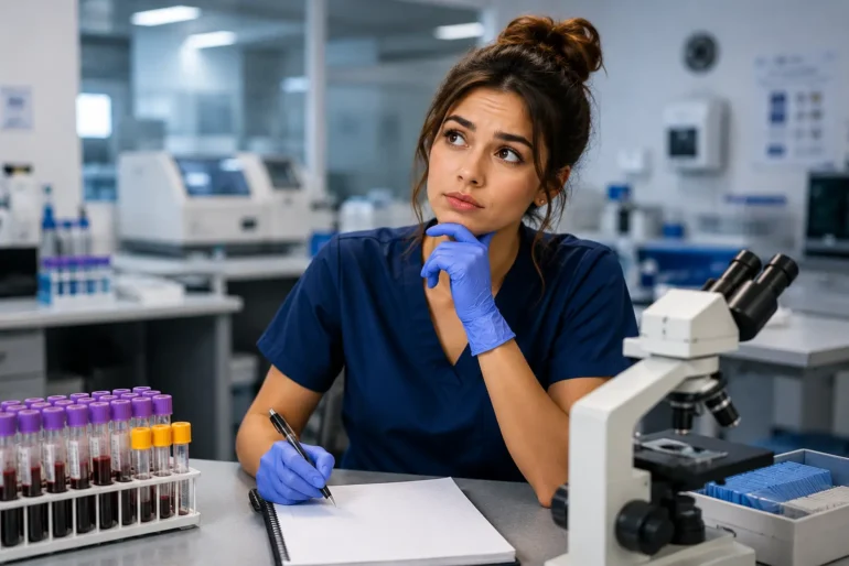 A woman in a lab coat and gloves sits in a laboratory, holding a pen and notebook, looking thoughtful. A microscope and test tubes are on the table.
