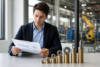 Certified Industrial Accountant reviewing cost reports and financial data in a modern industrial office