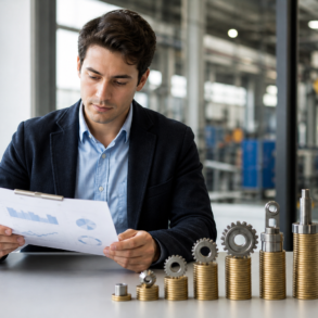 Certified Industrial Accountant reviewing cost reports and financial data in a modern industrial office