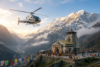 A helicopter flies near a temple surrounded by snowy mountains. Prayer flags adorn the scene, while people gather, evoking a sense of peace and spirituality.