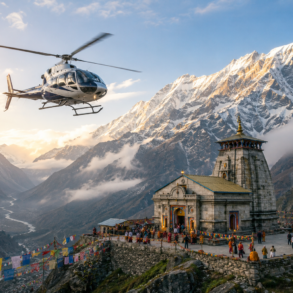 A helicopter flies near a temple surrounded by snowy mountains. Prayer flags adorn the scene, while people gather, evoking a sense of peace and spirituality.