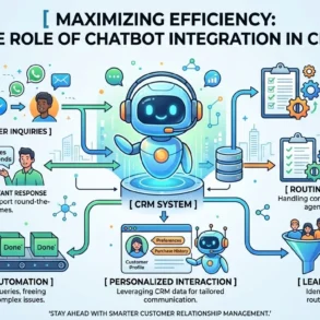 Maximizing Efficiency: The Role of Chatbot Integration in CRM" showing a robot managing tasks like incoming inquiries, data entry, and lead qualification within a CRM system. Includes icons for availability, tasks, personalization, and automation, illustrating streamlined customer interactions. Tone is efficient and futuristic.