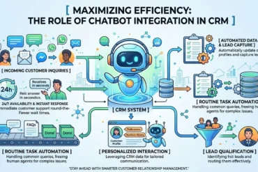 Maximizing Efficiency: The Role of Chatbot Integration in CRM" showing a robot managing tasks like incoming inquiries, data entry, and lead qualification within a CRM system. Includes icons for availability, tasks, personalization, and automation, illustrating streamlined customer interactions. Tone is efficient and futuristic.
