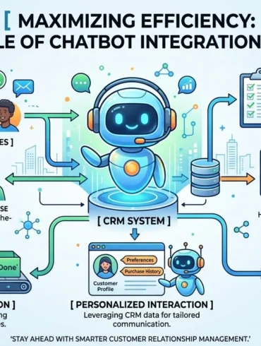 Maximizing Efficiency: The Role of Chatbot Integration in CRM" showing a robot managing tasks like incoming inquiries, data entry, and lead qualification within a CRM system. Includes icons for availability, tasks, personalization, and automation, illustrating streamlined customer interactions. Tone is efficient and futuristic.