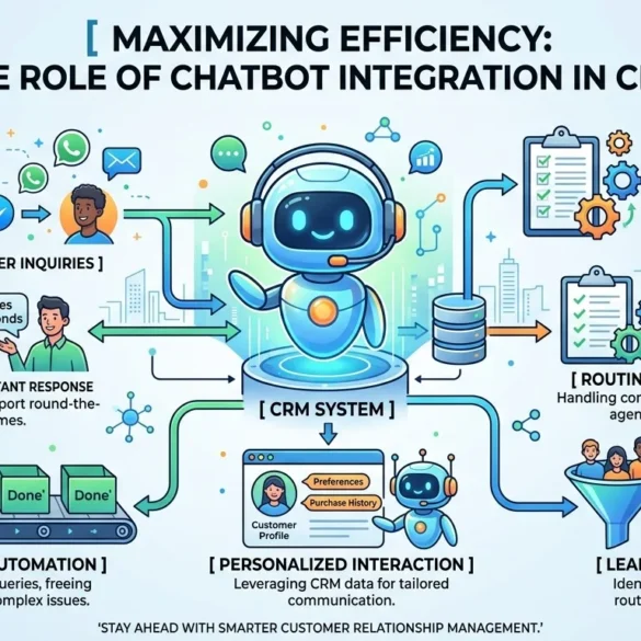 Maximizing Efficiency: The Role of Chatbot Integration in CRM" showing a robot managing tasks like incoming inquiries, data entry, and lead qualification within a CRM system. Includes icons for availability, tasks, personalization, and automation, illustrating streamlined customer interactions. Tone is efficient and futuristic.