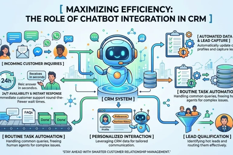 Maximizing Efficiency: The Role of Chatbot Integration in CRM" showing a robot managing tasks like incoming inquiries, data entry, and lead qualification within a CRM system. Includes icons for availability, tasks, personalization, and automation, illustrating streamlined customer interactions. Tone is efficient and futuristic.