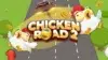 Two cartoon chickens panic on a road as a police car approaches. The bold text reads "Chicken Road 2" with coins scattered around. The scene is lively and humorous.