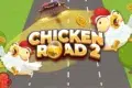 Two cartoon chickens panic on a road as a police car approaches. The bold text reads "Chicken Road 2" with coins scattered around. The scene is lively and humorous.