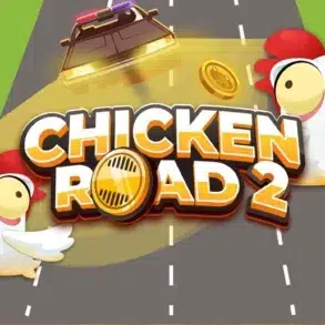 Two cartoon chickens panic on a road as a police car approaches. The bold text reads "Chicken Road 2" with coins scattered around. The scene is lively and humorous.