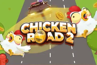 Two cartoon chickens panic on a road as a police car approaches. The bold text reads "Chicken Road 2" with coins scattered around. The scene is lively and humorous.