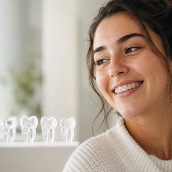 Clear Braces on a smiling adult showing discreet ceramic orthodontic treatment