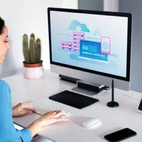 A woman in a blue shirt works at a computer with a website hosting graphic. The desk holds a tablet, smartphone, speaker, and a cactus. The atmosphere is modern and focused.