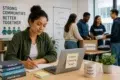 A woman writes at a desk with teamwork-themed sticky notes on her laptop and a motivational mug nearby. In the background, volunteers pack donation boxes, conveying a sense of community and collaboration.
