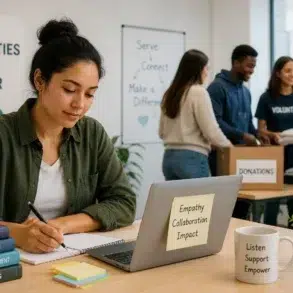 A woman writes at a desk with teamwork-themed sticky notes on her laptop and a motivational mug nearby. In the background, volunteers pack donation boxes, conveying a sense of community and collaboration.
