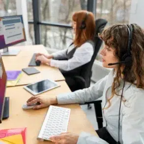 Two women working in a bright office, wearing headsets, focusing on computer screens. Their environment is professional and tech-driven.