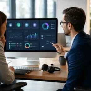 Two professionals in a modern office discuss data on a computer screen showing colorful graphs and charts. The atmosphere is focused and collaborative.