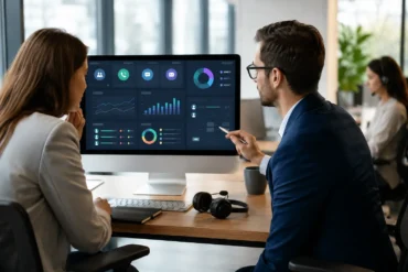 Two professionals in a modern office discuss data on a computer screen showing colorful graphs and charts. The atmosphere is focused and collaborative.