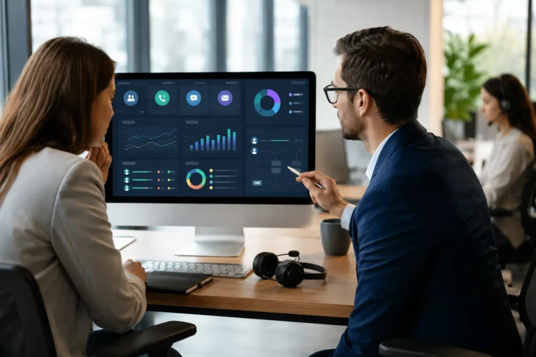 Two professionals in a modern office discuss data on a computer screen showing colorful graphs and charts. The atmosphere is focused and collaborative.
