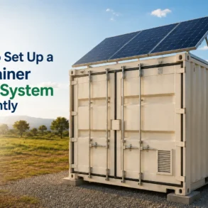 A shipping container with solar panels on top sits on a grassy landscape under a clear blue sky.